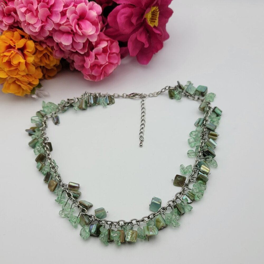 Green Mother Of Pearl And Sea Glass Cluster Fringe Necklace 21" Adj. Silver-Tone